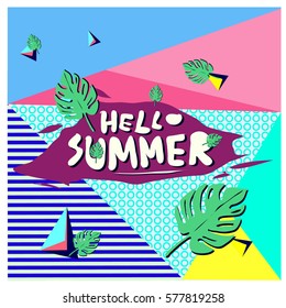 Trendy vector summer cards illustration with floral elements and abstract colorful textures. Design for poster, card, invitation, brochure, and promotion template. Fashion art print and background.