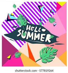 Trendy vector summer cards illustration with floral elements and abstract colorful textures. Design for poster, card, invitation, brochure, and promotion template. Fashion art print and background.