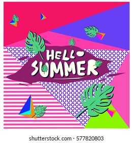 Trendy vector summer cards illustration with floral elements and abstract colorful textures. Design for poster, card, invitation, brochure, and promotion template. Fashion art print and background.