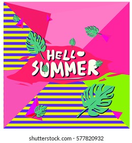 Trendy vector summer cards illustration with floral elements and abstract colorful textures. Design for poster, card, invitation, brochure, and promotion template. Fashion art print and background.