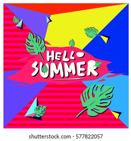 Trendy vector summer cards illustration with floral elements and abstract colorful textures. Design for poster, card, invitation, brochure, and promotion template. Fashion art print and background.