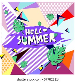 Trendy vector summer cards illustration with floral elements and abstract colorful textures. Design for poster, card, invitation, brochure, and promotion template. Fashion art print and background.