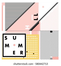 Trendy vector summer cards illustration with line elements and abstract colorful textures. Design for poster, card, invitation, brochure, and promotion template. Fashion art print and background.