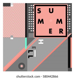 Trendy vector summer cards illustration with line elements and abstract colorful textures. Design for poster, card, invitation, brochure, and promotion template. Fashion art print and background.