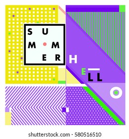 Trendy vector summer cards illustration with line elements and abstract colorful textures. Design for poster, card, invitation, brochure, and promotion template. Fashion art print and background.