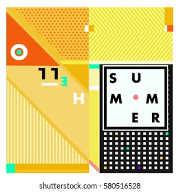 Trendy vector summer cards illustration with line elements and abstract colorful textures. Design for poster, card, invitation, brochure, and promotion template. Fashion art print and background.