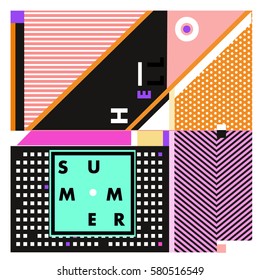 Trendy vector summer cards illustration with line elements and abstract colorful textures. Design for poster, card, invitation, brochure, and promotion template. Fashion art print and background.