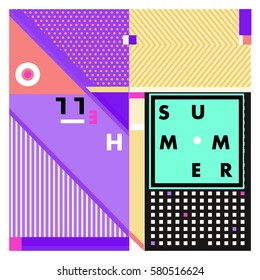 Trendy vector summer cards illustration with line elements and abstract colorful textures. Design for poster, card, invitation, brochure, and promotion template. Fashion art print and background.