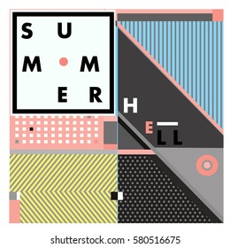 Trendy vector summer cards illustration with line elements and abstract colorful textures. Design for poster, card, invitation, brochure, and promotion template. Fashion art print and background.