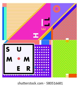 Trendy vector summer cards illustration with line elements and abstract colorful textures. Design for poster, card, invitation, brochure, and promotion template. Fashion art print and background.