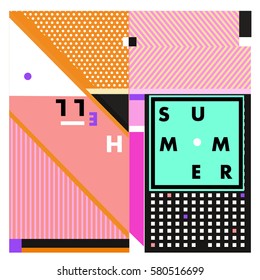Trendy vector summer cards illustration with line elements and abstract colorful textures. Design for poster, card, invitation, brochure, and promotion template. Fashion art print and background.
