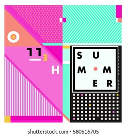 Trendy vector summer cards illustration with line elements and abstract colorful textures. Design for poster, card, invitation, brochure, and promotion template. Fashion art print and background.