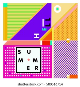 Trendy vector summer cards illustration with line elements and abstract colorful textures. Design for poster, card, invitation, brochure, and promotion template. Fashion art print and background.