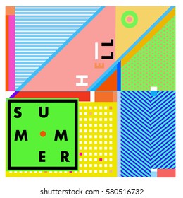 Trendy vector summer cards illustration with line elements and abstract colorful textures. Design for poster, card, invitation, brochure, and promotion template. Fashion art print and background.