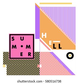 Trendy vector summer cards illustration with line elements and abstract colorful textures. Design for poster, card, invitation, brochure, and promotion template. Fashion art print and background.