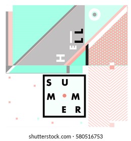Trendy vector summer cards illustration with line elements and abstract colorful textures. Design for poster, card, invitation, brochure, and promotion template. Fashion art print and background.