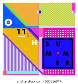 Trendy vector summer cards illustration with line elements and abstract colorful textures. Design for poster, card, invitation, brochure, and promotion template. Fashion art print and background.