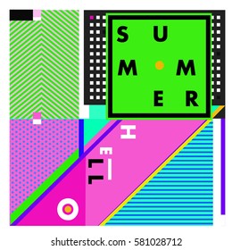 Trendy vector summer cards illustration with line elements and abstract colorful textures. Design for poster, card, invitation, brochure, and promotion template. Fashion art print and background.