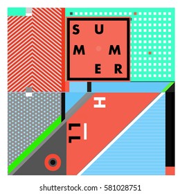Trendy vector summer cards illustration with line elements and abstract colorful textures. Design for poster, card, invitation, brochure, and promotion template. Fashion art print and background.