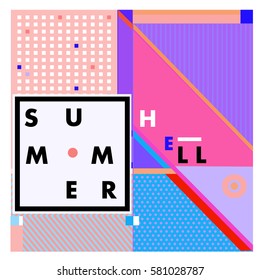 Trendy vector summer cards illustration with line elements and abstract colorful textures. Design for poster, card, invitation, brochure, and promotion template. Fashion art print and background.