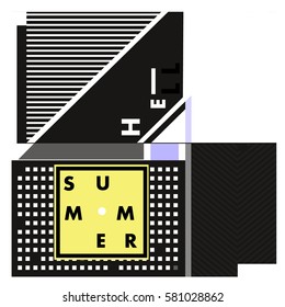 Trendy vector summer cards illustration with line elements and abstract colorful textures. Design for poster, card, invitation, brochure, and promotion template. Fashion art print and background.