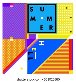 Trendy vector summer cards illustration with line elements and abstract colorful textures. Design for poster, card, invitation, brochure, and promotion template. Fashion art print and background.