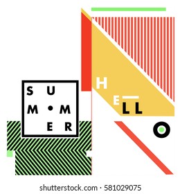 Trendy vector summer cards illustration with line elements and abstract colorful textures. Design for poster, card, invitation, brochure, and promotion template. Fashion art print and background.