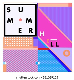 Trendy vector summer cards illustration with line elements and abstract colorful textures. Design for poster, card, invitation, brochure, and promotion template. Fashion art print and background.