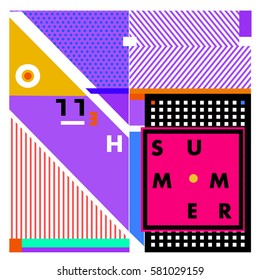 Trendy vector summer cards illustration with line elements and abstract colorful textures. Design for poster, card, invitation, brochure, and promotion template. Fashion art print and background.