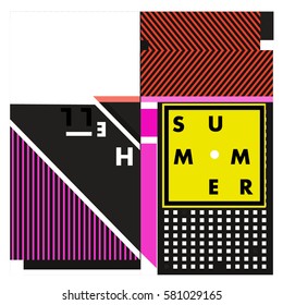 Trendy vector summer cards illustration with line elements and abstract colorful textures. Design for poster, card, invitation, brochure, and promotion template. Fashion art print and background.