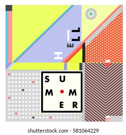 Trendy vector summer cards illustration with line elements and abstract colorful textures. Design for poster, card, invitation, brochure, and promotion template. Fashion art print and background.