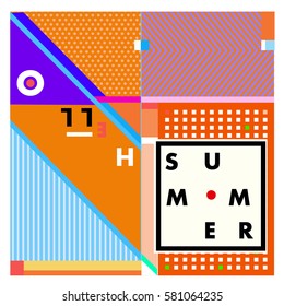 Trendy vector summer cards illustration with line elements and abstract colorful textures. Design for poster, card, invitation, brochure, and promotion template. Fashion art print and background.
