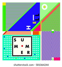 Trendy vector summer cards illustration with line elements and abstract colorful textures. Design for poster, card, invitation, brochure, and promotion template. Fashion art print and background.