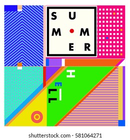 Trendy vector summer cards illustration with line elements and abstract colorful textures. Design for poster, card, invitation, brochure, and promotion template. Fashion art print and background.