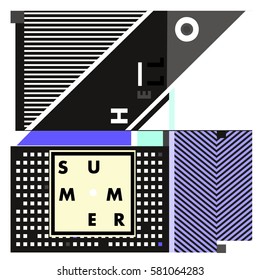 Trendy vector summer cards illustration with line elements and abstract colorful textures. Design for poster, card, invitation, brochure, and promotion template. Fashion art print and background.