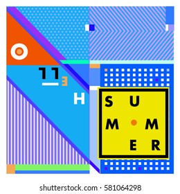 Trendy vector summer cards illustration with line elements and abstract colorful textures. Design for poster, card, invitation, brochure, and promotion template. Fashion art print and background.