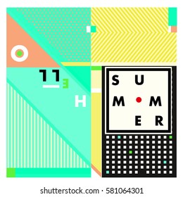 Trendy vector summer cards illustration with line elements and abstract colorful textures. Design for poster, card, invitation, brochure, and promotion template. Fashion art print and background.