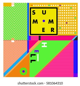 Trendy vector summer cards illustration with line elements and abstract colorful textures. Design for poster, card, invitation, brochure, and promotion template. Fashion art print and background.