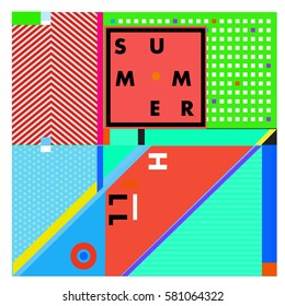 Trendy vector summer cards illustration with line elements and abstract colorful textures. Design for poster, card, invitation, brochure, and promotion template. Fashion art print and background.