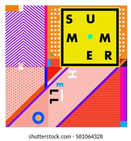 Trendy vector summer cards illustration with line elements and abstract colorful textures. Design for poster, card, invitation, brochure, and promotion template. Fashion art print and background.