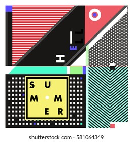 Trendy vector summer cards illustration with line elements and abstract colorful textures. Design for poster, card, invitation, brochure, and promotion template. Fashion art print and background.