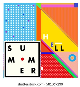 Trendy vector summer cards illustration with line elements and abstract colorful textures. Design for poster, card, invitation, brochure, and promotion template. Fashion art print and background.