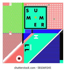 Trendy vector summer cards illustration with line elements and abstract colorful textures. Design for poster, card, invitation, brochure, and promotion template. Fashion art print and background.