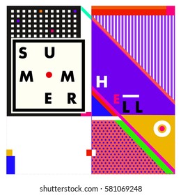 Trendy vector summer cards illustration with line elements and abstract colorful textures. Design for poster, card, invitation, brochure, and promotion template. Fashion art print and background.