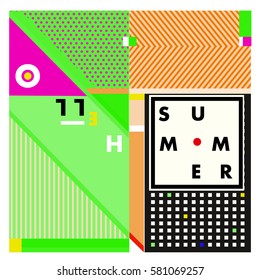 Trendy vector summer cards illustration with line elements and abstract colorful textures. Design for poster, card, invitation, brochure, and promotion template. Fashion art print and background.