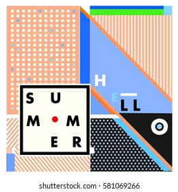 Trendy vector summer cards illustration with line elements and abstract colorful textures. Design for poster, card, invitation, brochure, and promotion template. Fashion art print and background.