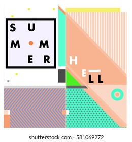 Trendy vector summer cards illustration with line elements and abstract colorful textures. Design for poster, card, invitation, brochure, and promotion template. Fashion art print and background.
