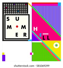Trendy vector summer cards illustration with line elements and abstract colorful textures. Design for poster, card, invitation, brochure, and promotion template. Fashion art print and background.