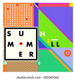 Trendy vector summer cards illustration with line elements and abstract colorful textures. Design for poster, card, invitation, brochure, and promotion template. Fashion art print and background.