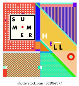 Trendy vector summer cards illustration with line elements and abstract colorful textures. Design for poster, card, invitation, brochure, and promotion template. Fashion art print and background.